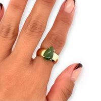 Vintage Le Gant 14k Yellow Gold Pear-Shape Prong-Set Jade and Wide Cigar Band Ring on Hand
