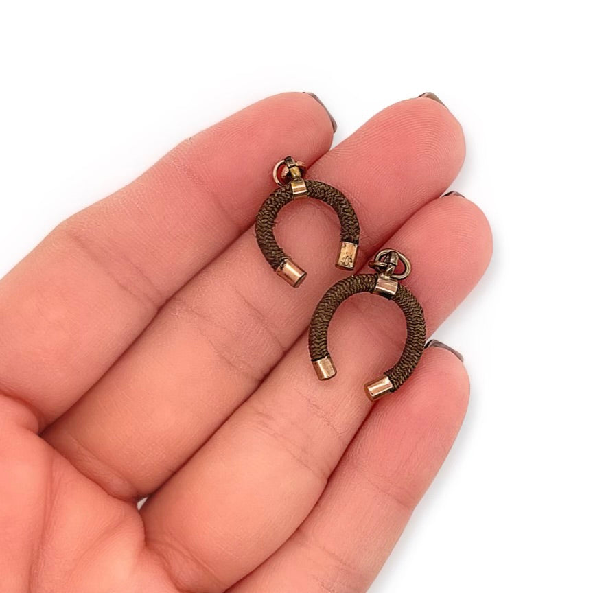 Pair of Gold-filled Antique Victorian Woven Human Hair Horseshoe Mourning Pendants - Pair in Hand