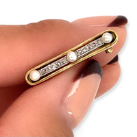 Antique 15k Yellow Gold and Platinum Top with Rosecut Diamond and Pearl Bar Brooch, Bridal Engagement Wedding in Hand