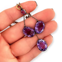 10k Rosy Gold and Sterling Silver Victorian Four Large Amethyst Stone Lavaliere Necklace Shown in Hand for Scale