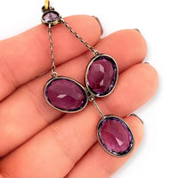 10k Rosy Gold and Sterling Silver Victorian Four Large Amethyst Stone Lavaliere Necklace in Hand for Scale