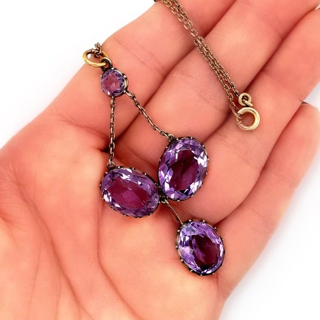 10k Rosy Gold and Sterling Silver Victorian Four Large Amethyst Stone Lavaliere Necklace Shown in Hand for Scale