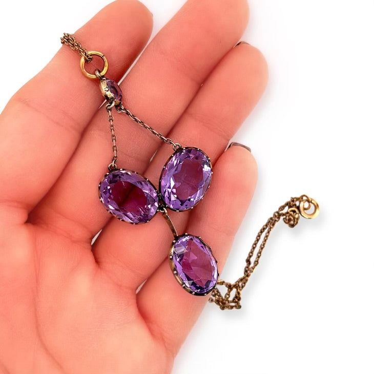 10k Rosy Gold and Sterling Silver Victorian Four Large Amethyst Stone Lavaliere Necklace Shown in Hand for Scale