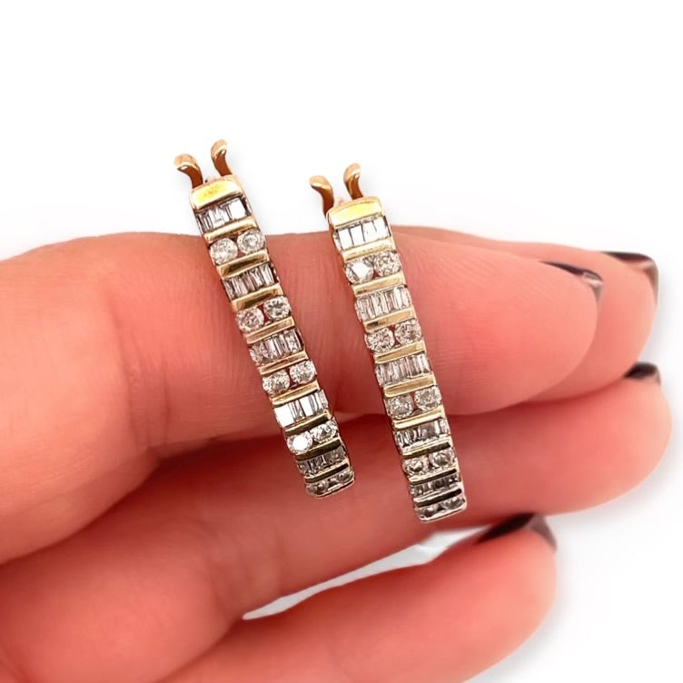 10k Yellow Gold Vintage 1ctw Alternating Round and Baguette Diamond Hoops Shown in Hand for Scale