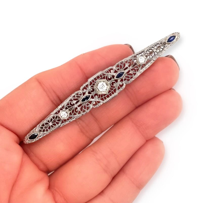 Large 14k White Gold Diamond and Blue Sapphires Antique Art Deco Filigree Brooch Shown in Hand, Perfect for Weddings, Something Blue