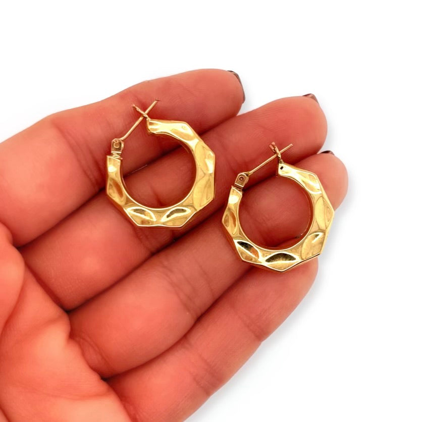 Vintage 14k Yellow Gold Faceted Octagon Hoop Earrings in hand