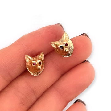 Individual 14k Yellow Gold Fox Stud Earring with Ruby Eyes - Antique Cufflink, Modern Conversion, Single Earring in hand