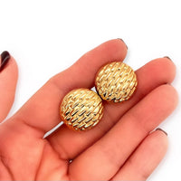 14k Yellow Gold Vintage Textured Button Leverback Earrings in Hand