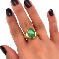 14k Yellow Gold Vintage Grade-A Green Apple Jade Signet-Style Ring Shown on Hand