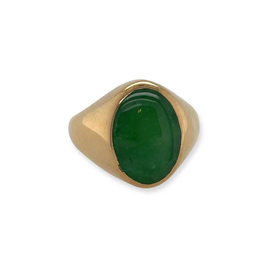 14k Yellow Gold Vintage Grade-A Green Apple Jade Signet-Style Ring