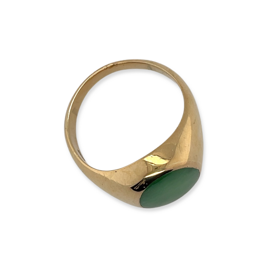 14k Yellow Gold Vintage Grade-A Green Apple Jade Signet-Style Ring Shown from Top