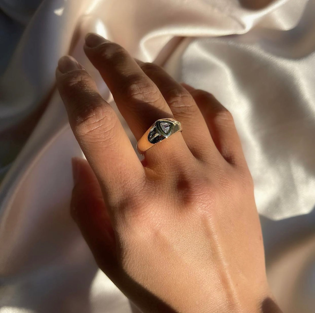 Vintage 14k Yellow Gold .30-Carat (G/VS) Trillion-Cut Diamond Solitaire Ring, Engagement, Bridal Wedding Anniversary Gift Idea on Hand