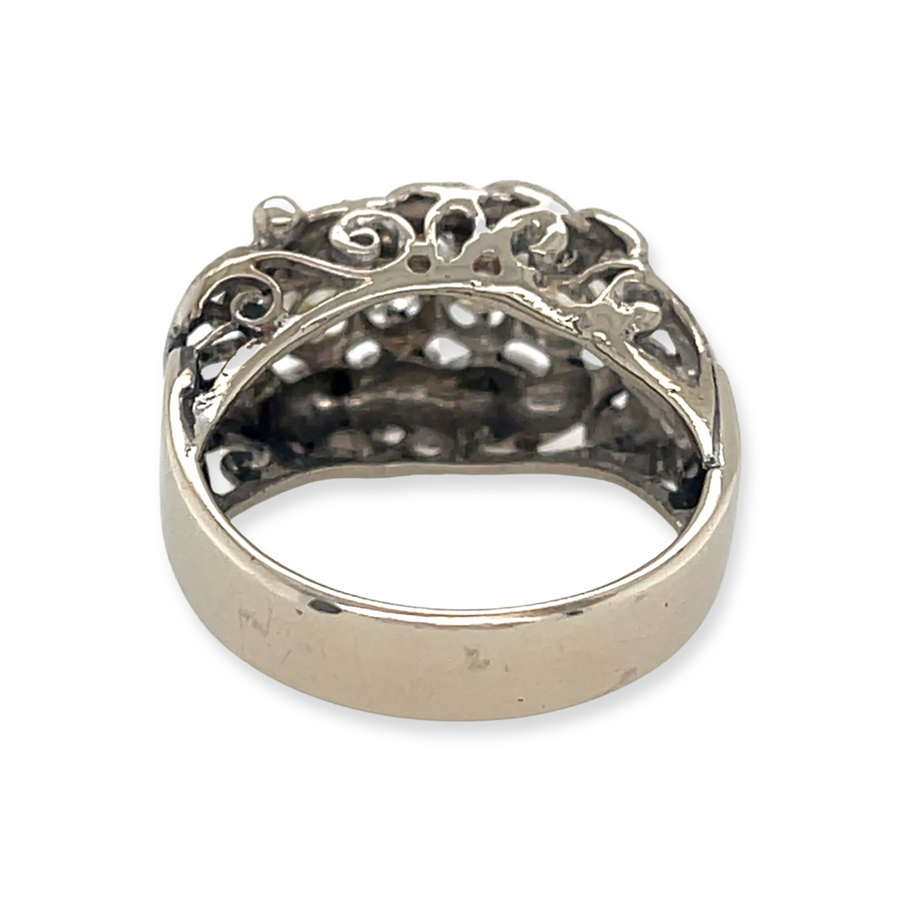 Antique 14k White Gold Belle Epoque-Era Old Mine Cut Diamond Filigree Ring Alternative Engagement Wedding Anniversary Bridal Back View