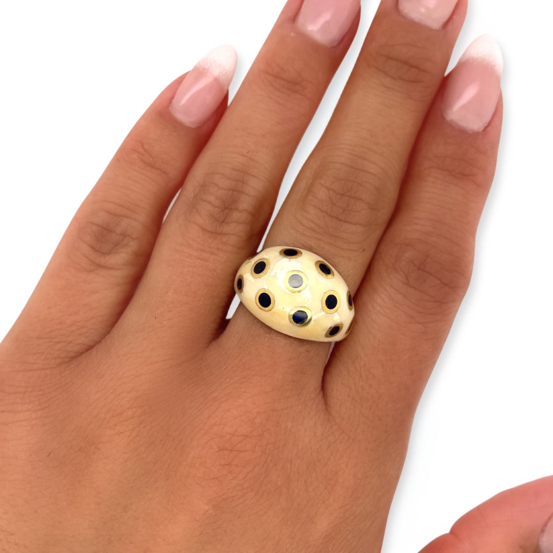 Vintage 18k Yellow Gold Black and White Enamel Dome Ring Polka Dot Unique Statement Ring on hand