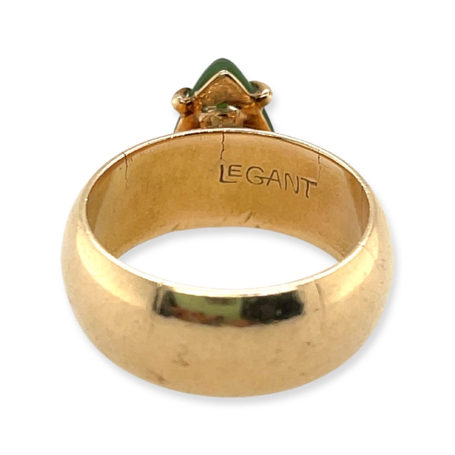 Vintage Le Gant 14k Yellow Gold Pear-Shape Prong-Set Jade and Wide Cigar Band Ring Showing Hallmark