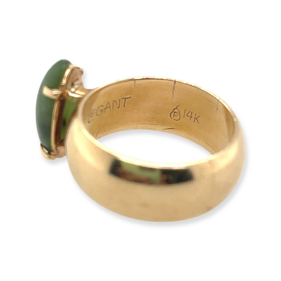 Vintage Le Gant 14k Yellow Gold Pear-Shape Prong-Set Jade and Wide Cigar Band Ring Side View of Hallmark