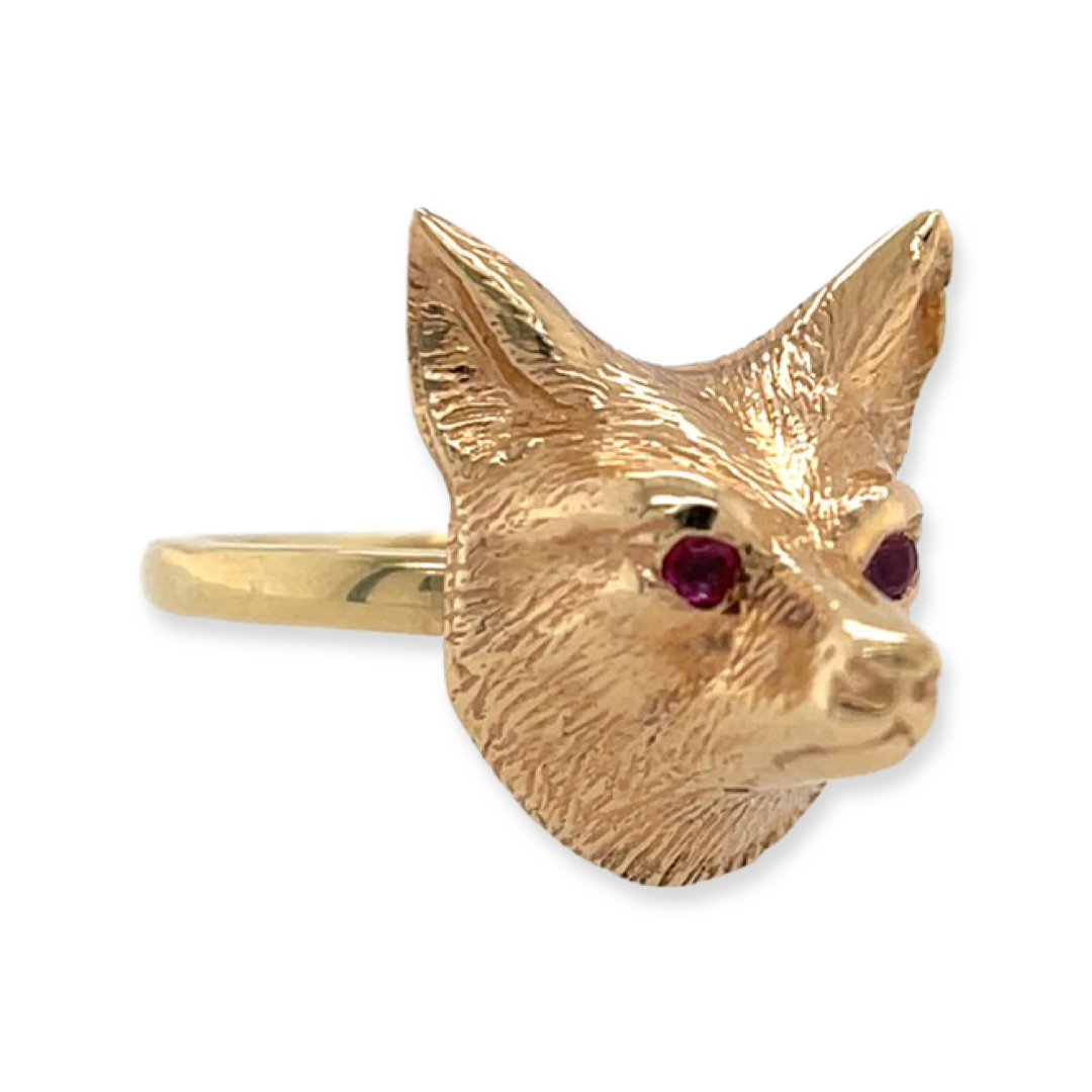 14k Yellow Gold Fox Animal Antique Cufflink Conversion Ring with Ruby Eyes, July Birthstone