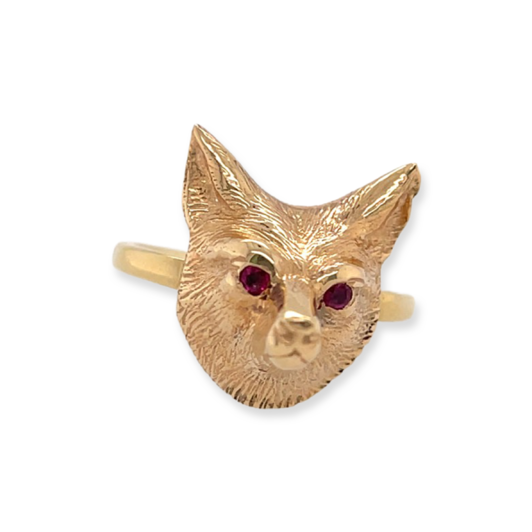 14k Yellow Gold Fox Animal Antique Cufflink Conversion Ring with Ruby Eyes, July Birthstone