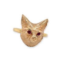 14k Yellow Gold Fox Animal Antique Cufflink Conversion Ring with Ruby Eyes, July Birthstone