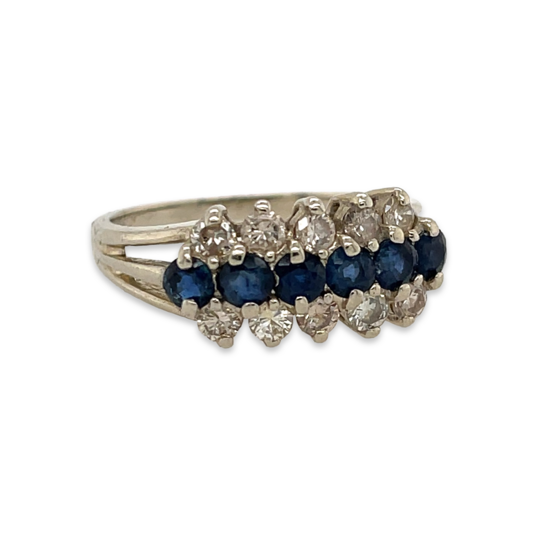 Three Row 14k White Gold Ring with Two Rows of White Diamonds and a Row of Blue Sapphires, Vintage Something Blue Wedding Anniversary Ring