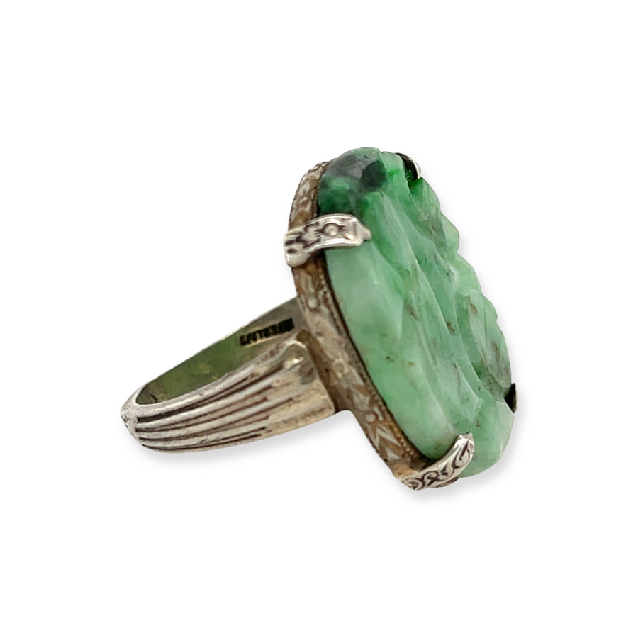 Art Deco Sterling Silver and Carved Jade Ring with Orange Blossom Detail Side View