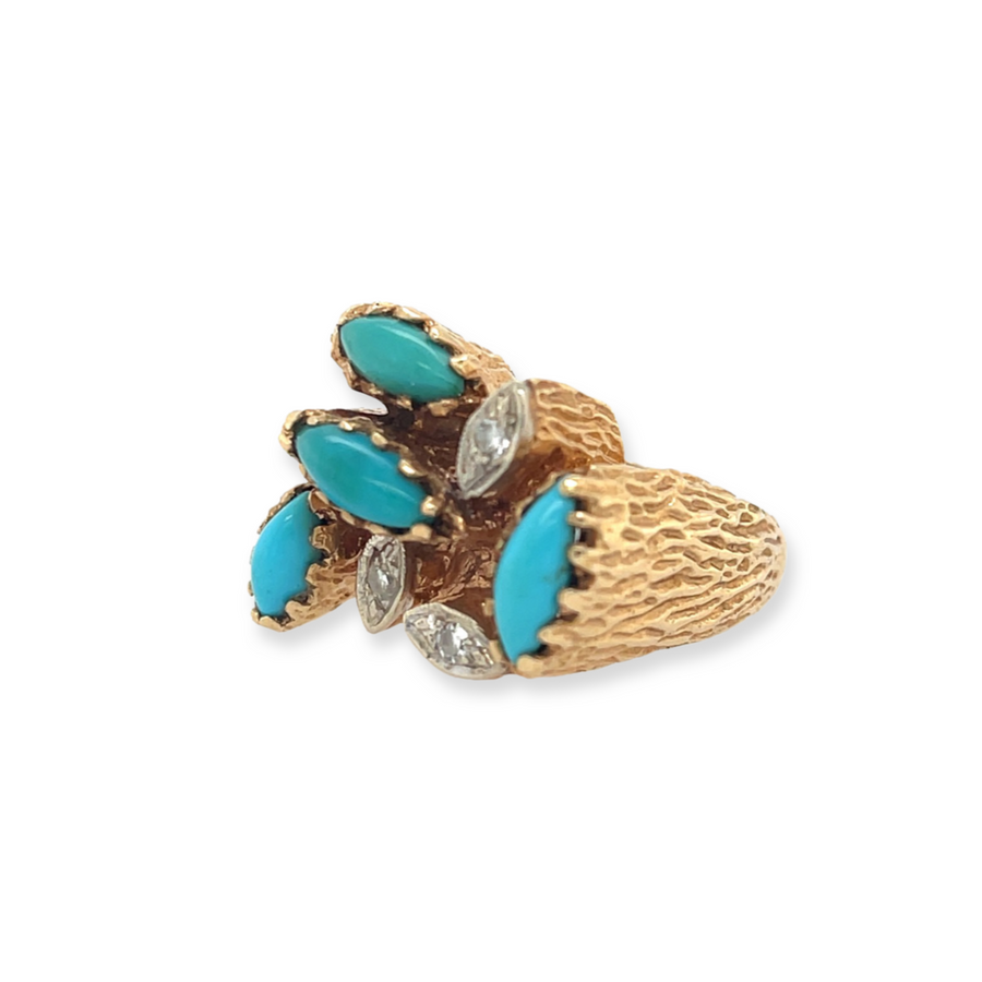 14k Yellow Gold Vintage Mid-Century Brutalist 2ctw Blue Persian Turquoise and .10ctw Diamond Ring