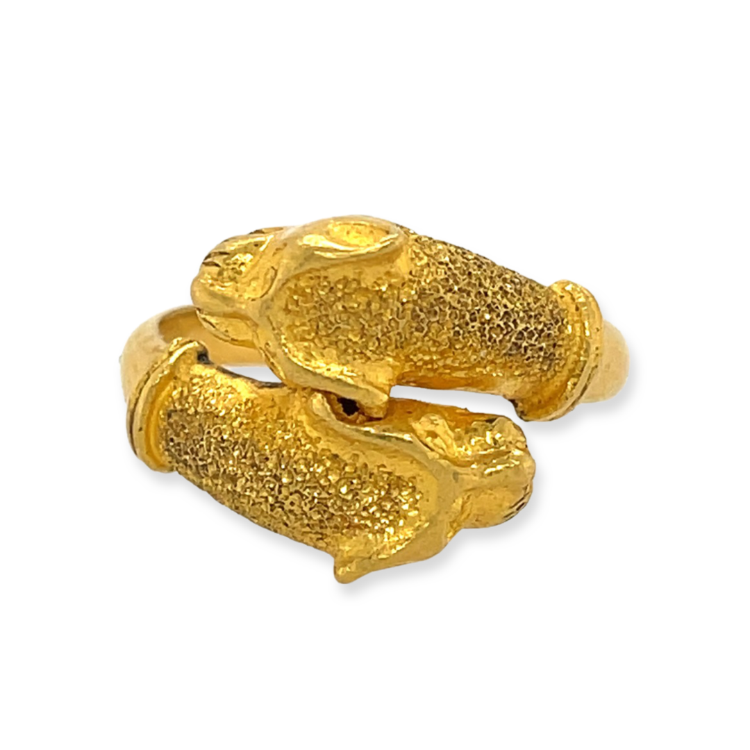 Vintage 24k Yellow Gold Double Leopard Head Animal Bypass Ring