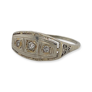 18k White Gold Art Deco .18ctw Three Diamond East-West Ring, Engagement Alternative Wedding