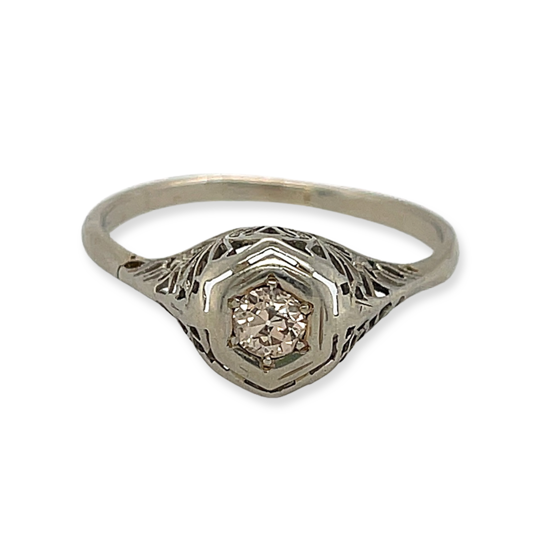 14k White Gold Antique Edwardian .25ct Diamond Filigree Detail Engagement Solitaire Ring