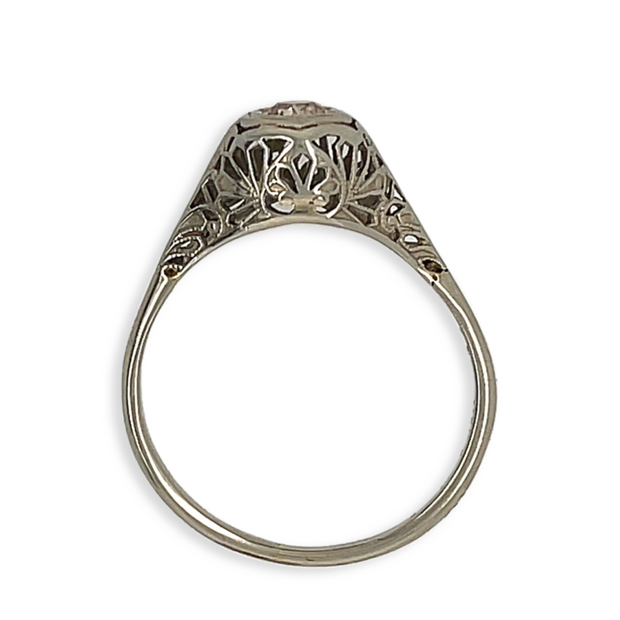 14k White Gold Antique Edwardian .25ct Diamond Filigree Engagement Solitaire Ring Side View Showing Filigree and Floral Detail