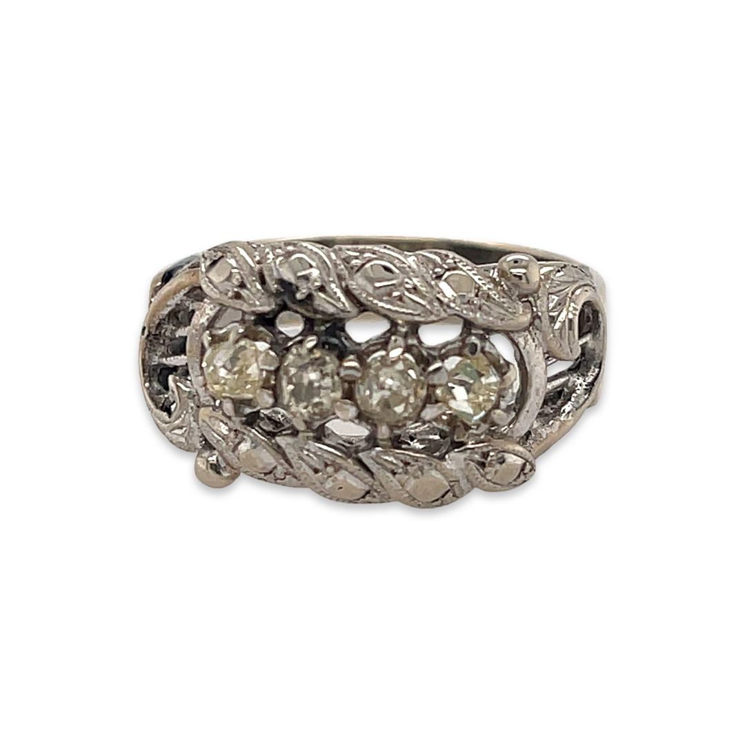 Antique 14k White Gold Belle Epoque-Era Old Mine Cut Diamond Filigree Ring Alternative Engagement Wedding Anniversary Bridal