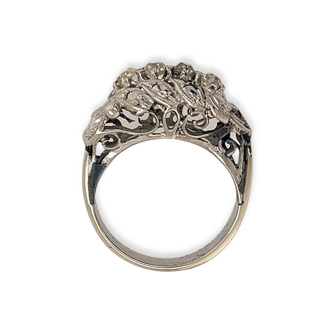 Antique 14k White Gold Belle Epoque-Era Old Mine Cut Diamond Filigree Ring Alternative Engagement Wedding Anniversary Bridal Side View of Filigree