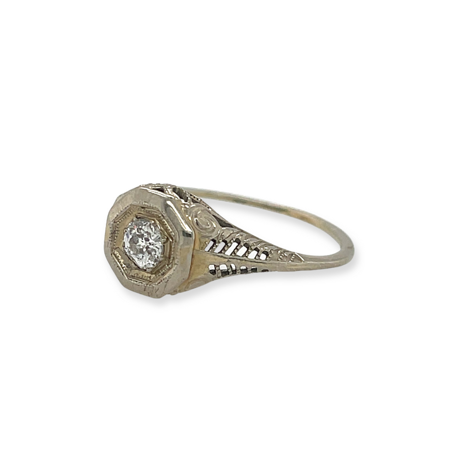18k White Gold Art Deco Antique .25ct (F/SI) Diamond Solitaire Ring, Alternative Engagement, Bridal Showing Sides