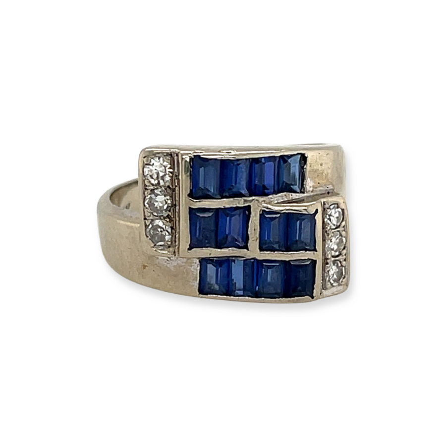 14k White Gold Antique Art Deco 1.20ctw Blue Sapphire and .30ctw Diamond Buckle-Style Crossover Ring