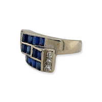 14k White Gold Antique Art Deco 1.20ctw Blue Sapphire and .30ctw Diamond Buckle-Style Crossover Ring Showing Side