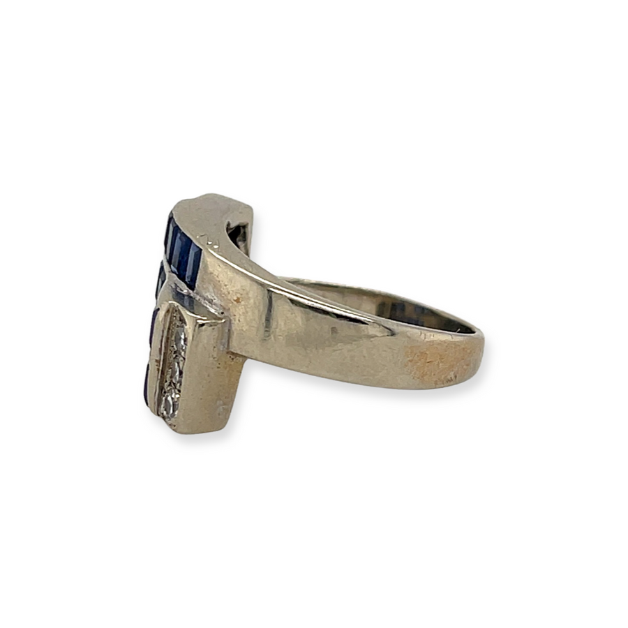 14k White Gold Antique Art Deco 1.20ctw Blue Sapphire and .30ctw Diamond Buckle-Style Crossover Ring Shown from Side