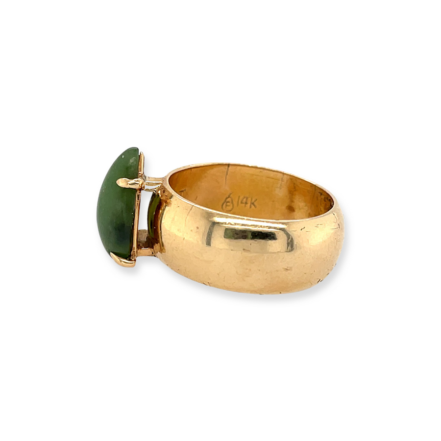 Vintage Le Gant 14k Yellow Gold Pear-Shape Prong-Set Jade and Wide Cigar Band Ring Side View