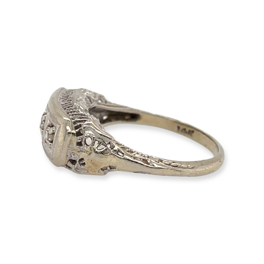 Antique 14k White Gold Art Deco Filigree East-West Three Diamond Ring Alternative Bridal Engagement Wedding Ring Side View