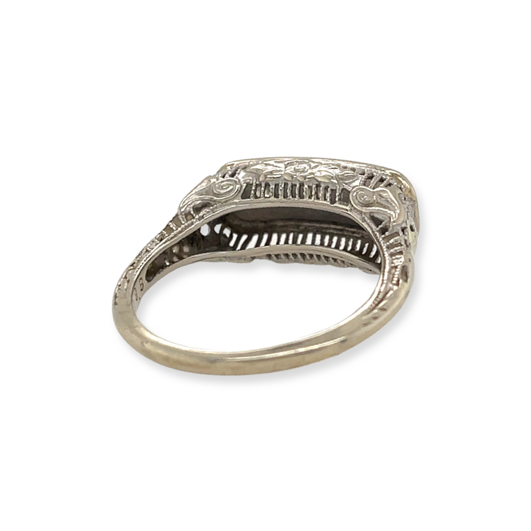 Antique 14k White Gold Art Deco Filigree East-West Three Diamond Ring Alternative Bridal Engagement Wedding Ring Back View