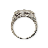 Antique 14k White Gold Art Deco Filigree East-West Three Diamond Ring Alternative Bridal Engagement Wedding Ring Side View Floral Details