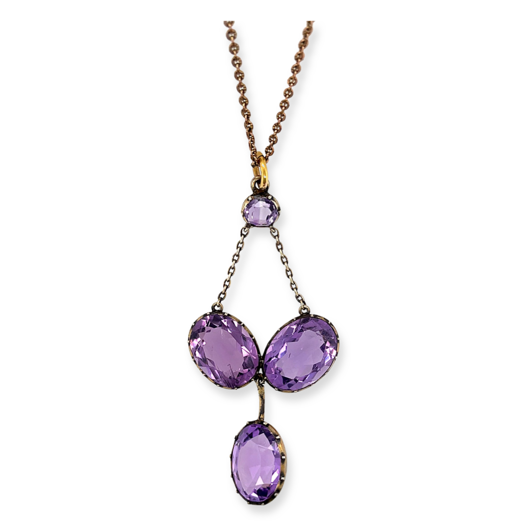 10k Rosy Gold and Sterling Silver Victorian Four Large Amethyst Stone Lavaliere Necklace