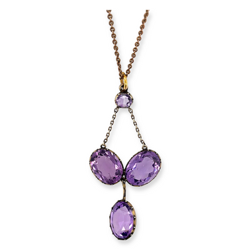 10k Rosy Gold and Sterling Silver Victorian Four Large Amethyst Stone Lavaliere Necklace