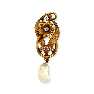 14k Yellow Gold Antique Victorian Diamond and Pearl Lavalier Flower Pendant