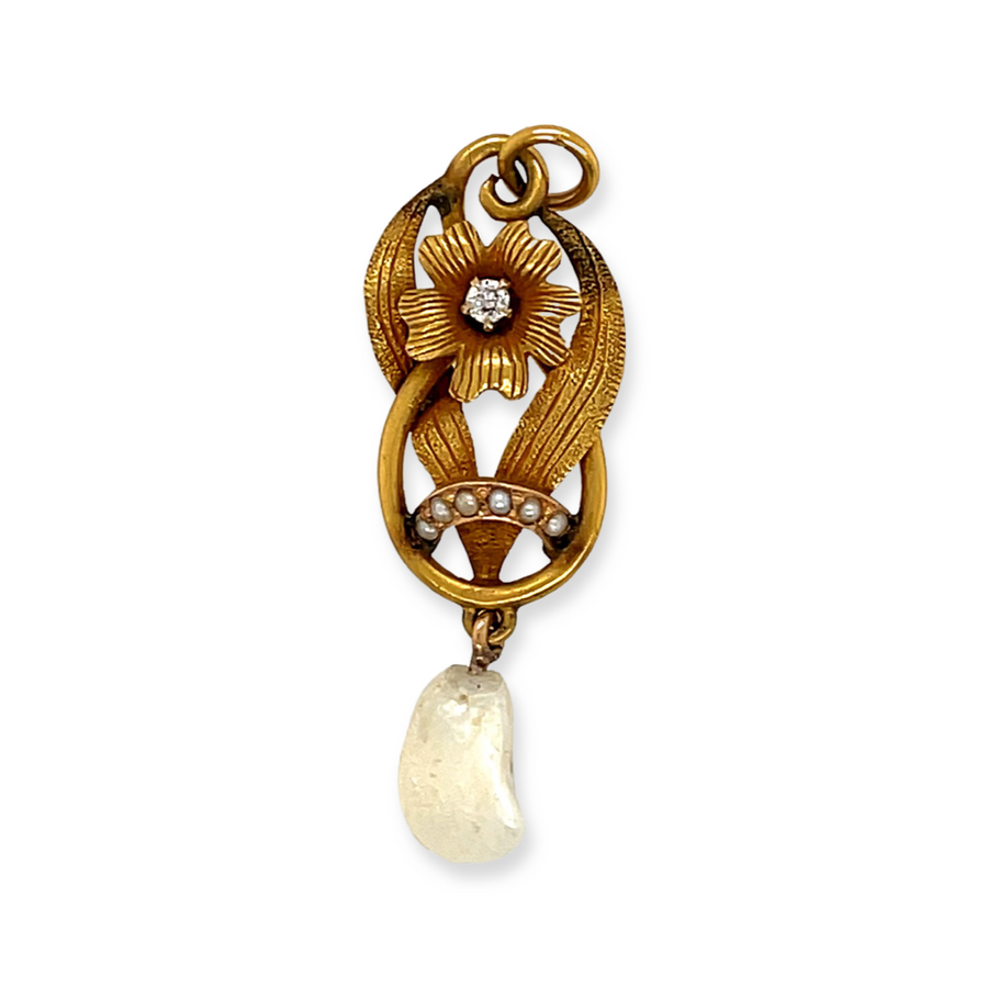 14k Yellow Gold Antique Victorian Diamond and Pearl Lavalier Flower Pendant
