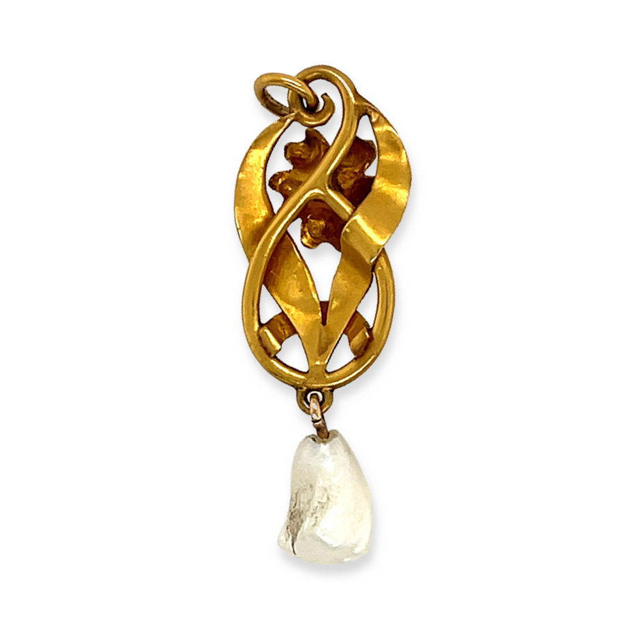 14k Yellow Gold Antique Victorian Diamond and Pearl Lavalier Flower Pendant Back View