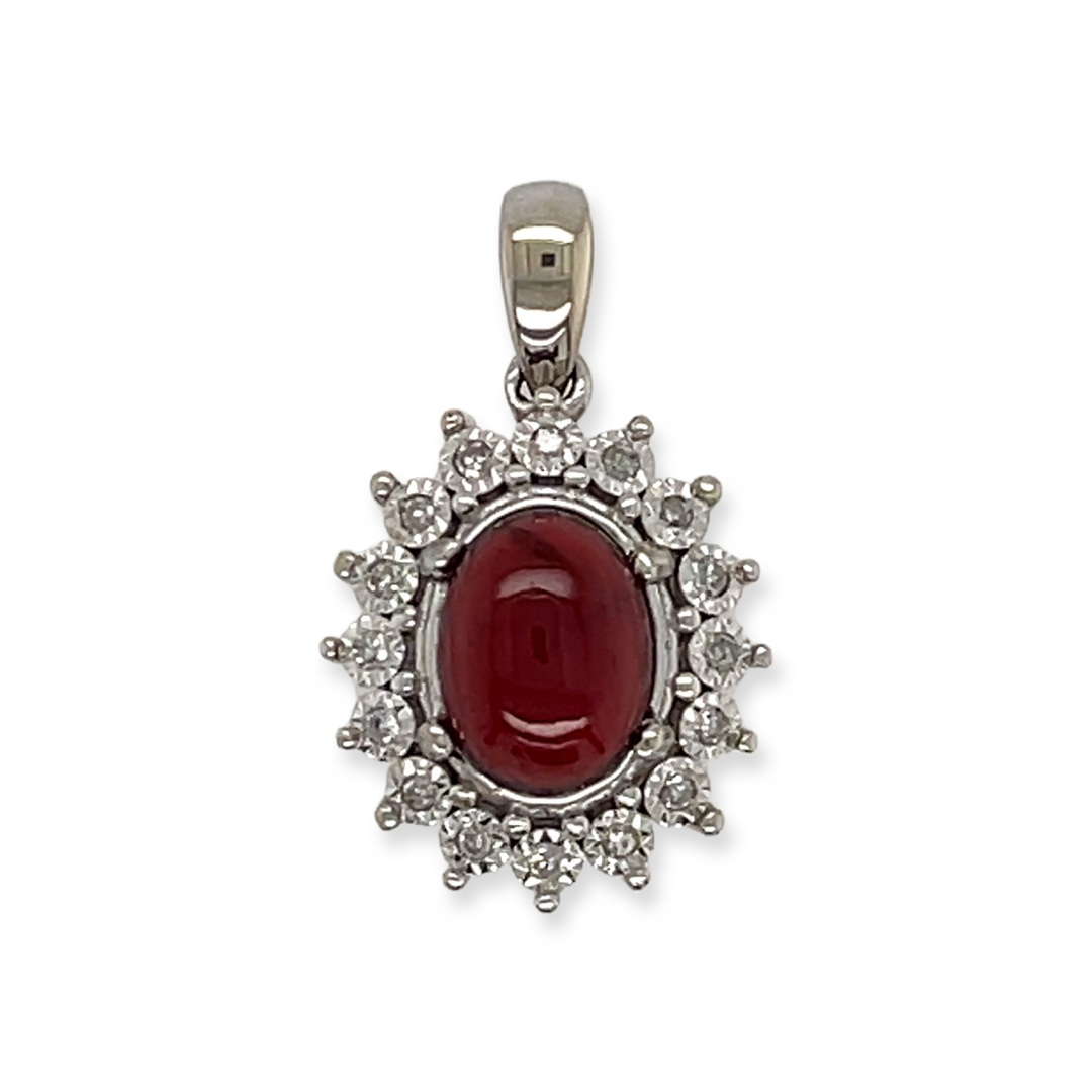 Vintage 10k White Gold 1ct Garnet Cabochon Pendant with .20ctw Diamond Halo