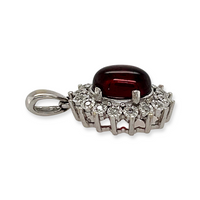 Vintage 10k White Gold 1ct Garnet Cabochon Pendant with .20ctw Diamond Halo Side View