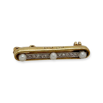 Antique 15k Yellow Gold and Platinum Top with Rosecut Diamond and Pearl Bar Brooch, Bridal Engagement Wedding