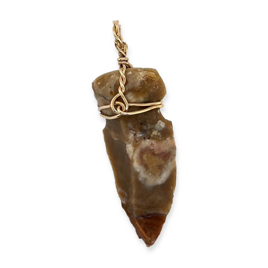 14k Yellow Gold Wire-Wrapped Ancient Agate Arrowhead Pendant