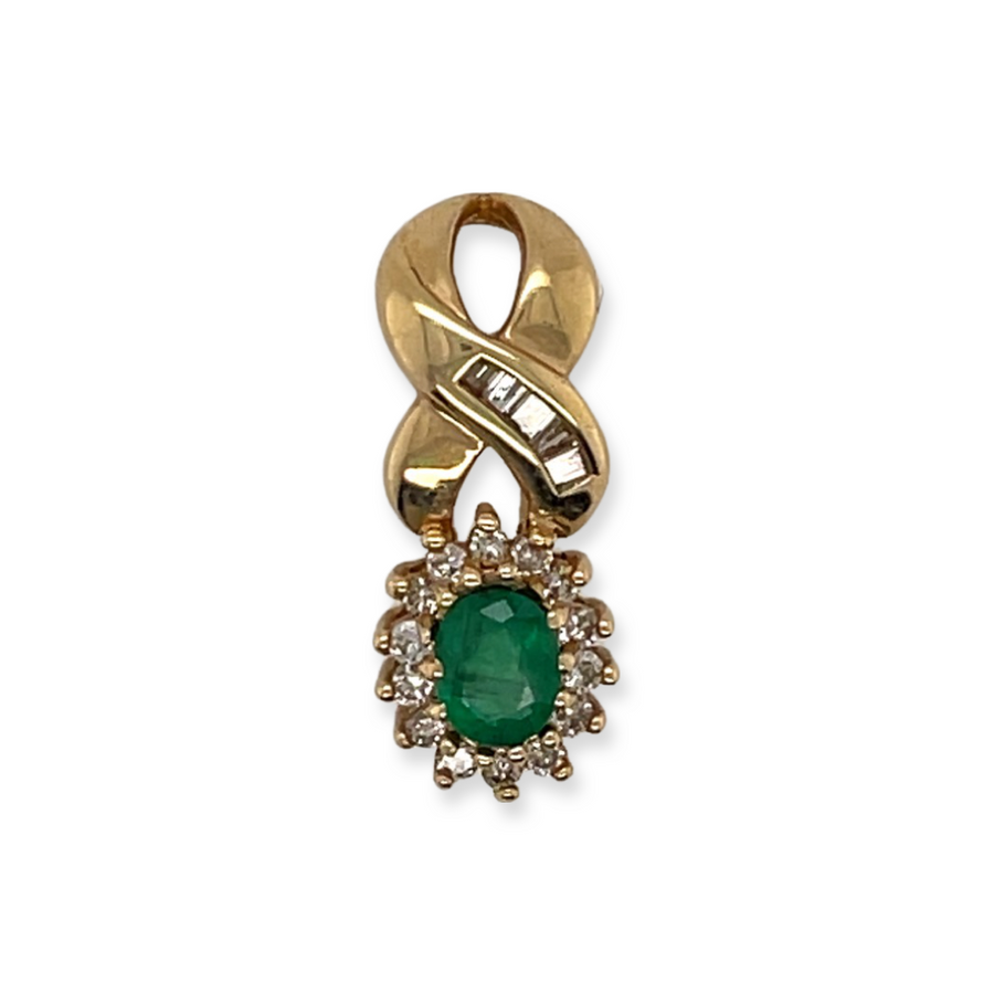 14k Yellow Gold .50ct Emerald and .45ctw Diamond Ribbon Detail Pendant, Emerald with Diamond Halo, May Birthstone